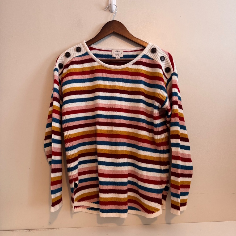 St Johns Bay Womens M Color Striped Button Shoulder Knit Sweater Retro Colorful